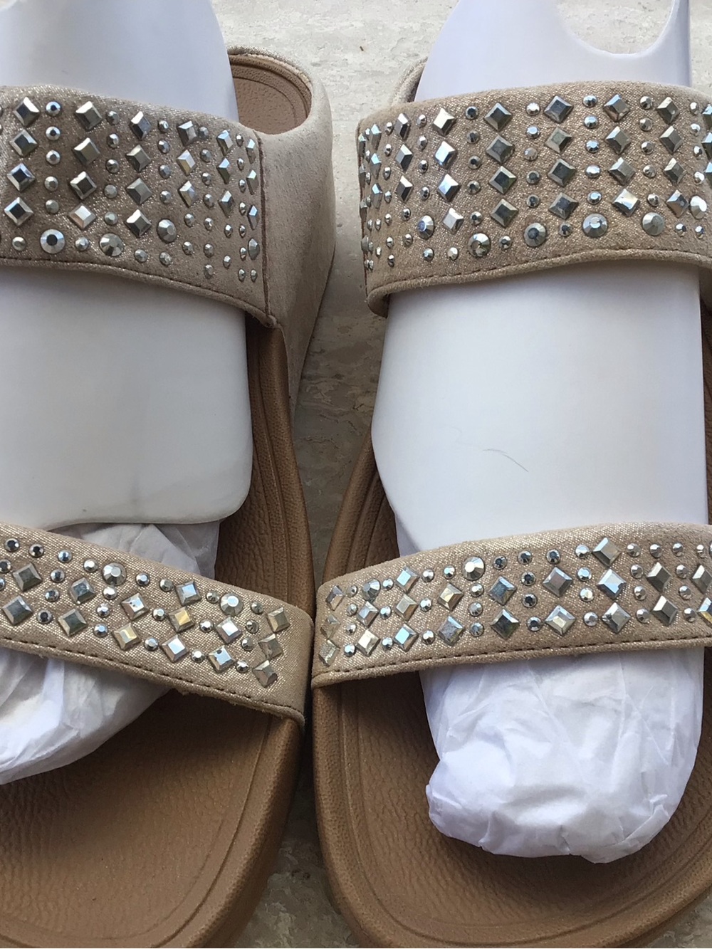 FitFlop Beige Suede Crystal-Stud Slide Sandals